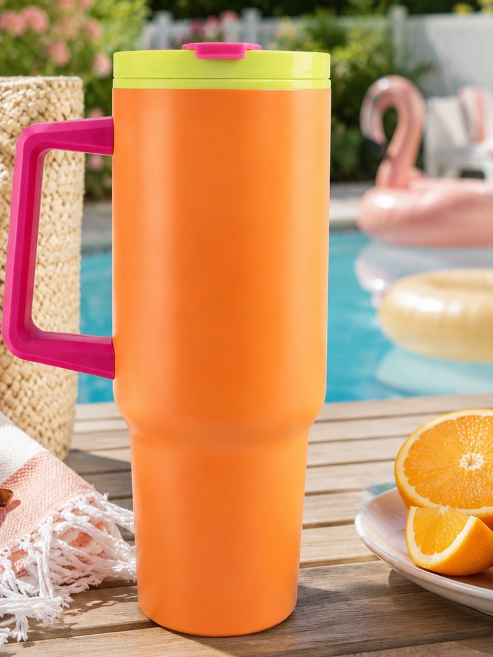 40 oz Insulated Travel Tumbler with Handle Orange Pink Lime